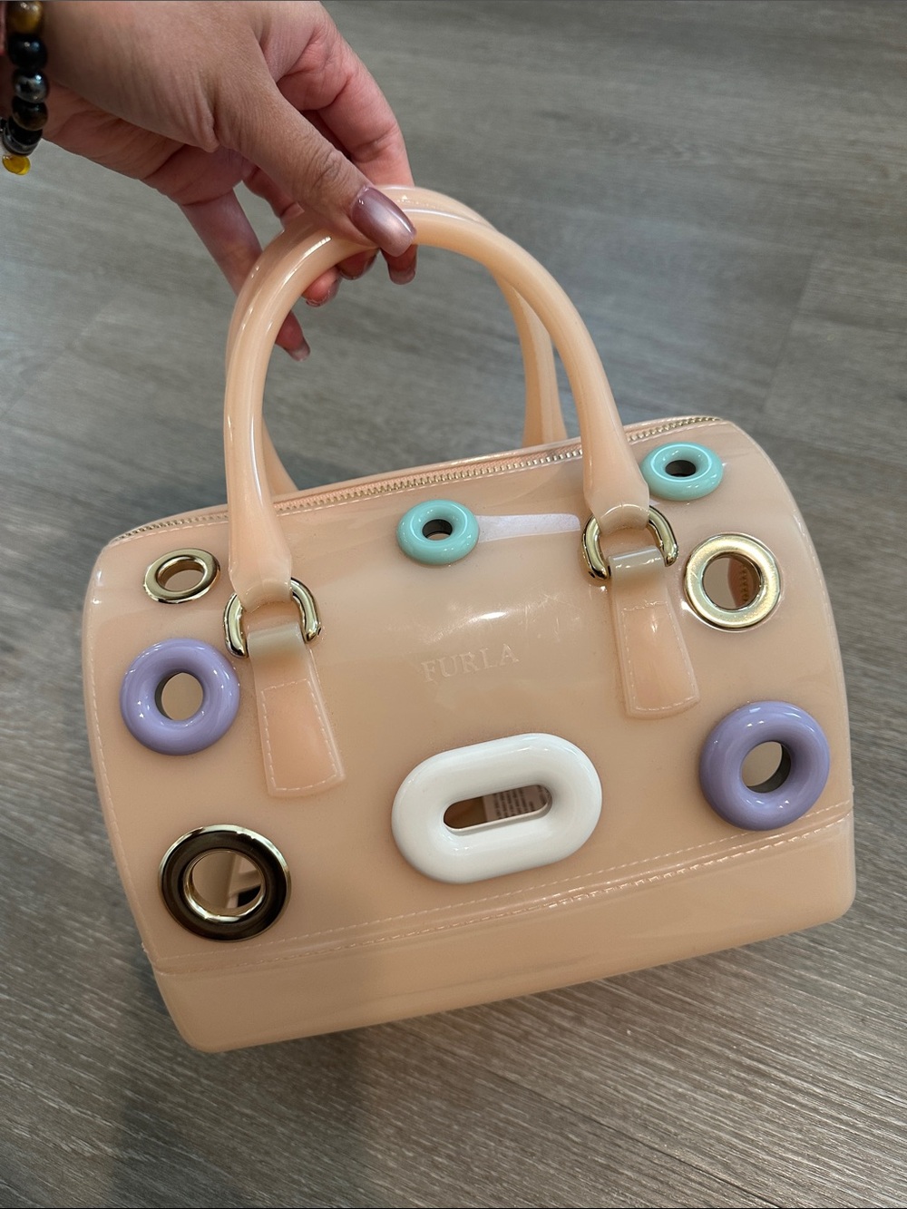 Furla Peach Glossy Vinyl Top-Handle Satchel with Pastel Ring Accents